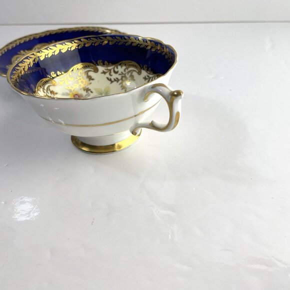 Paragon Teacup & Saucer Cobalt Navy Blue Gold Gilt Cabbage Rose Floral Bouquet - Picture 5 of 16
